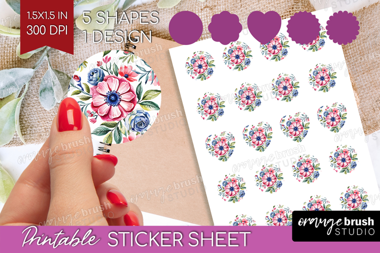 Summer Flowers Round Sticker - Floral Printable Sticker example image 1