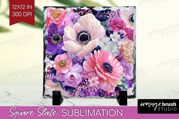 3D Flowers Slate PNG - Summer Square Slate Sublimation