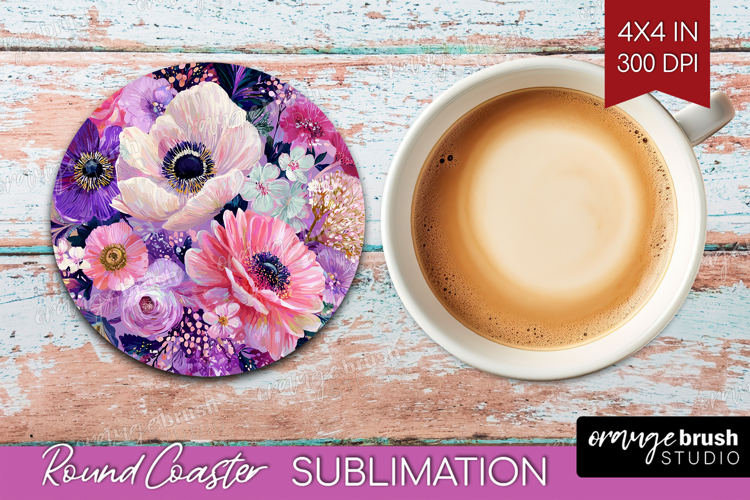 3D Flowers Round Coaster - Summer Coaster PNG Sublimation