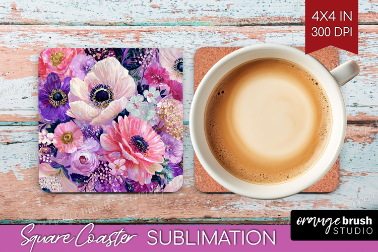 3D Flowers Square Coaster - Summer Coaster PNG Sublimation