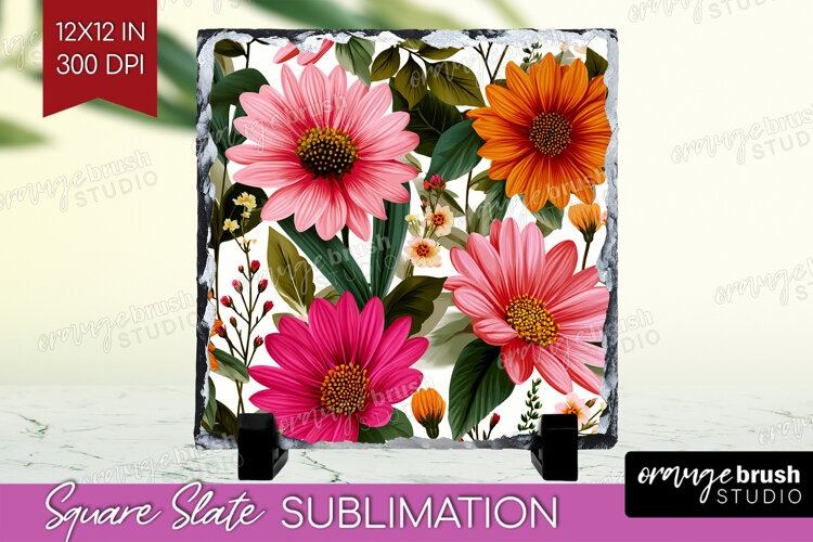 3D Flowers Slate PNG - Summer Square Slate Sublimation example image 1