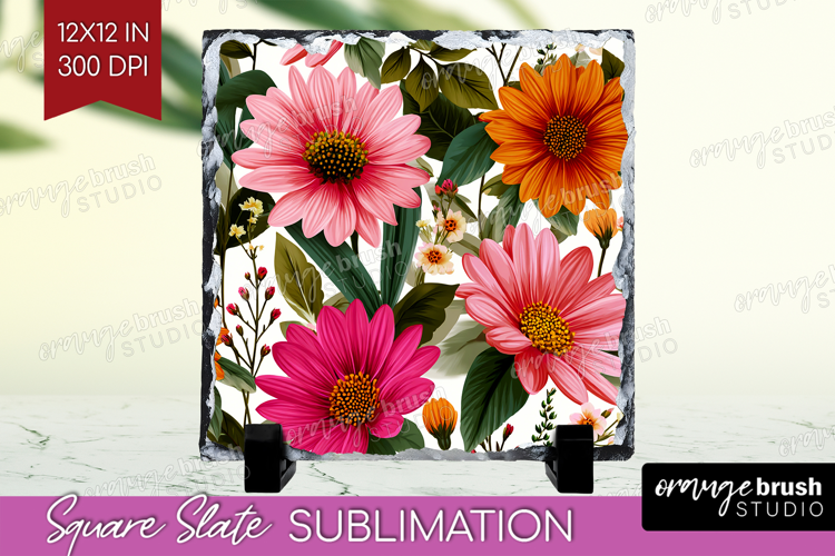 3D Flowers Slate PNG - Summer Square Slate Sublimation