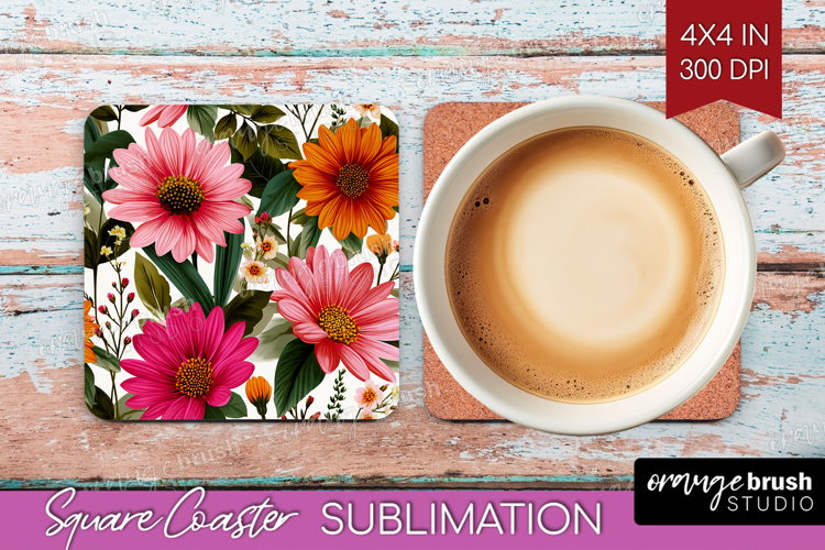 3D Flowers Square Coaster - Summer Coaster PNG Sublimation