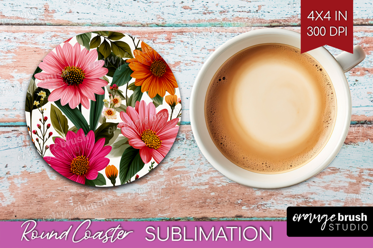 3D Flowers Round Coaster - Summer Coaster PNG Sublimation