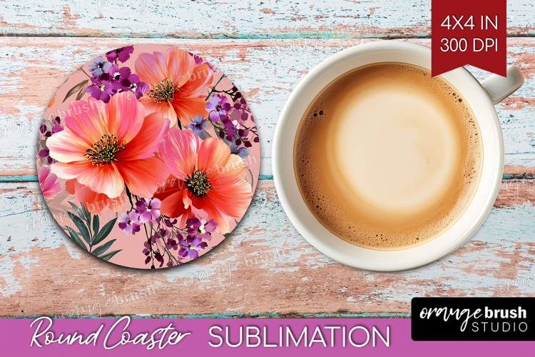 3D Flowers Round Coaster - Summer Coaster PNG Sublimation
