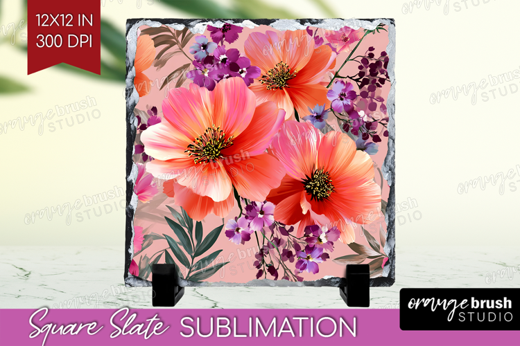 3D Flowers Slate PNG - Summer Square Slate Sublimation
