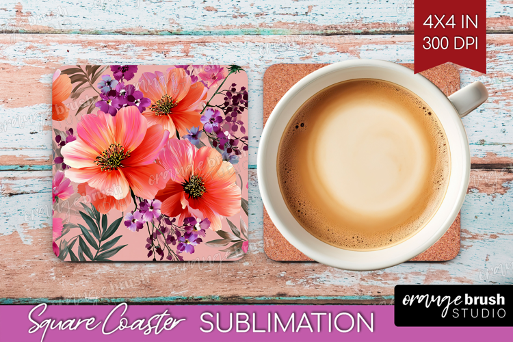 3D Flowers Square Coaster - Summer Coaster PNG Sublimation