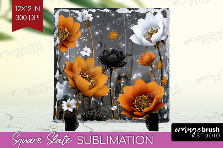 3D Flowers Slate PNG - Summer Square Slate Sublimation