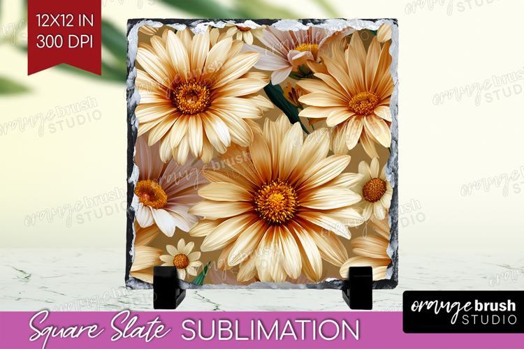 3D Flowers Slate PNG - Summer Square Slate Sublimation