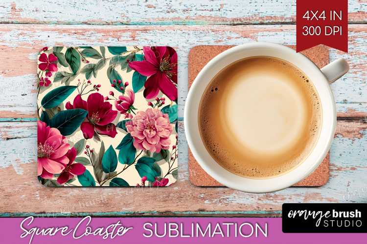 3D Flowers Square Coaster - Summer Coaster PNG Sublimation