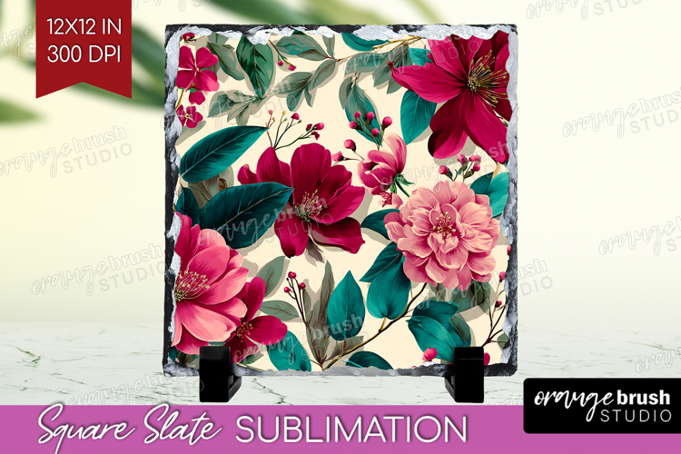 3D Flowers Slate PNG - Summer Square Slate Sublimation