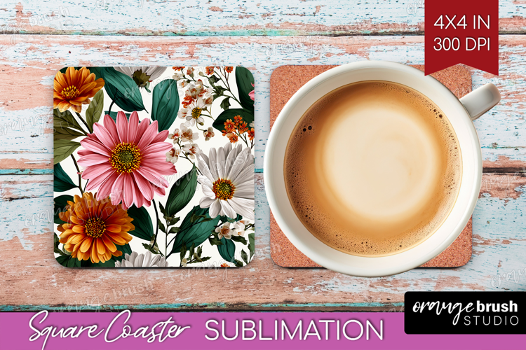 3D Flowers Square Coaster - Summer Coaster PNG Sublimation