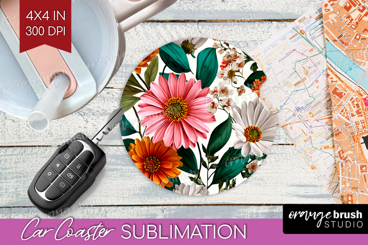 3D Flowers Car Coaster - Summer Coaster PNG Sublimation