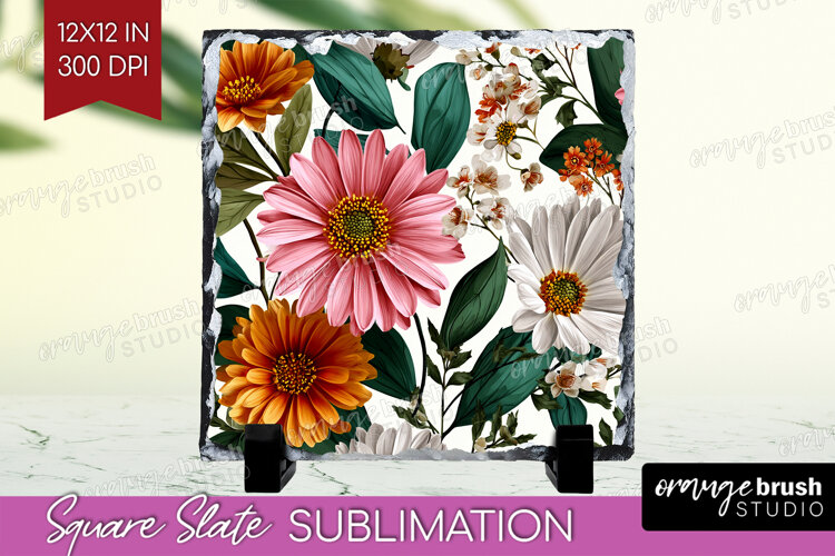 3D Flowers Slate PNG - Summer Square Slate Sublimation example image 1