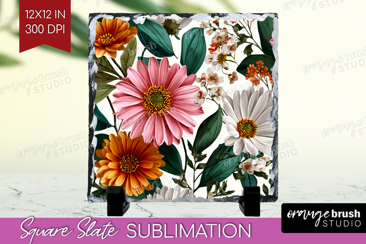 3D Flowers Slate PNG - Summer Square Slate Sublimation