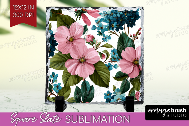 3D Flowers Slate PNG - Summer Square Slate Sublimation