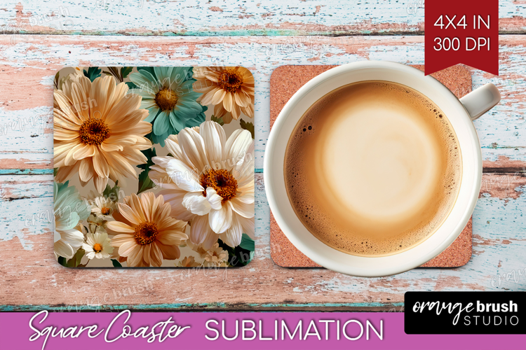 3D Flowers Square Coaster - Summer Coaster PNG Sublimation