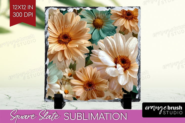 3D Flowers Slate PNG - Summer Square Slate Sublimation