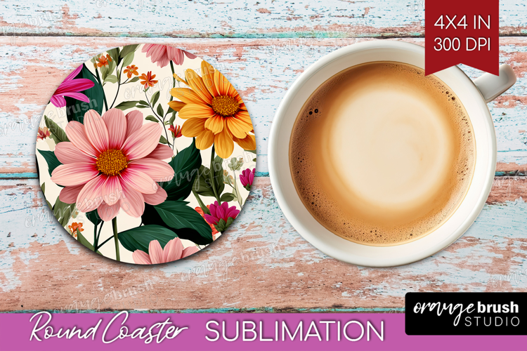 3D Flowers Round Coaster - Summer Coaster PNG Sublimation