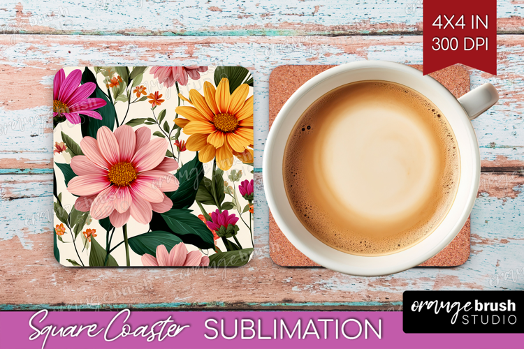 3D Flowers Square Coaster - Summer Coaster PNG Sublimation
