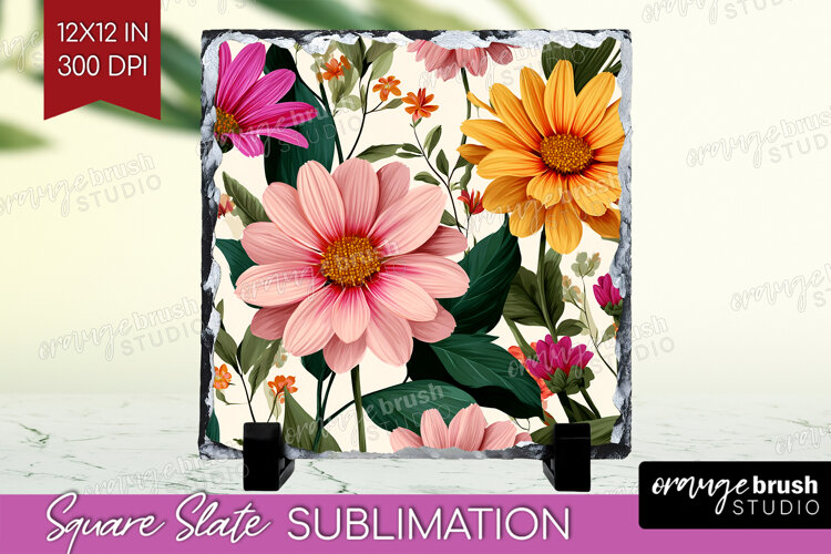 3D Flowers Slate PNG - Summer Square Slate Sublimation example image 1