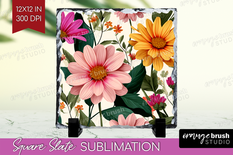 3D Flowers Slate PNG - Summer Square Slate Sublimation