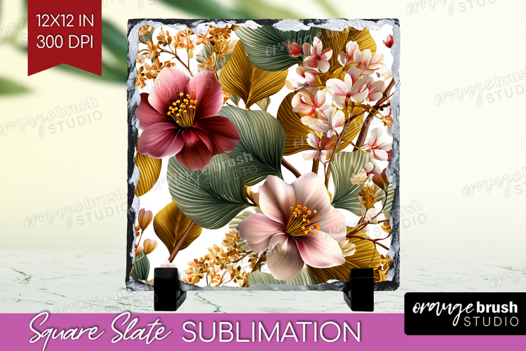 3D Flowers Slate PNG - Summer Square Slate Sublimation