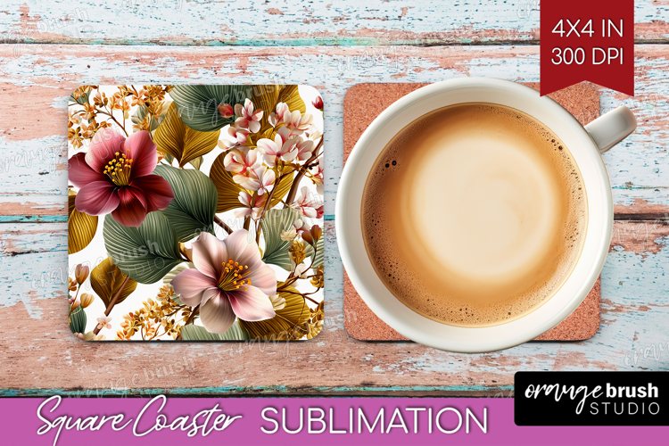3D Flowers Square Coaster - Summer Coaster PNG Sublimation