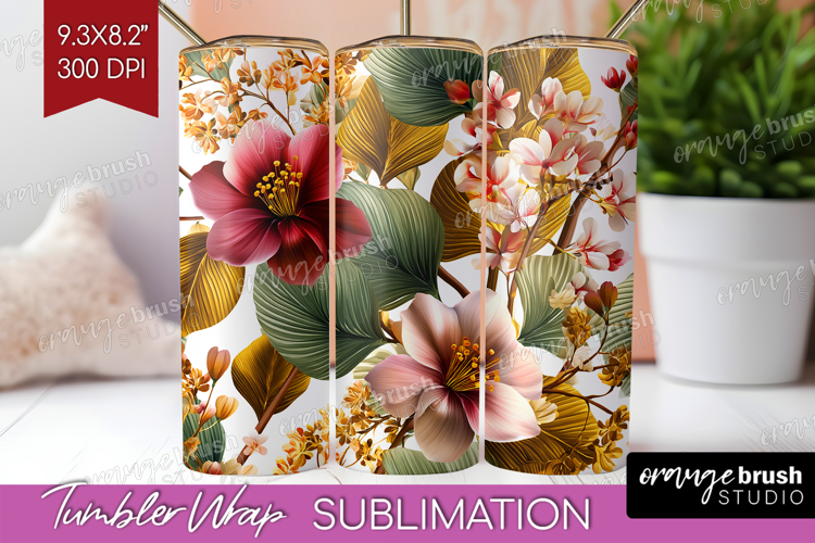 3D Flowers Tumbler Wrap - Summer Tumbler PNG Sublimation