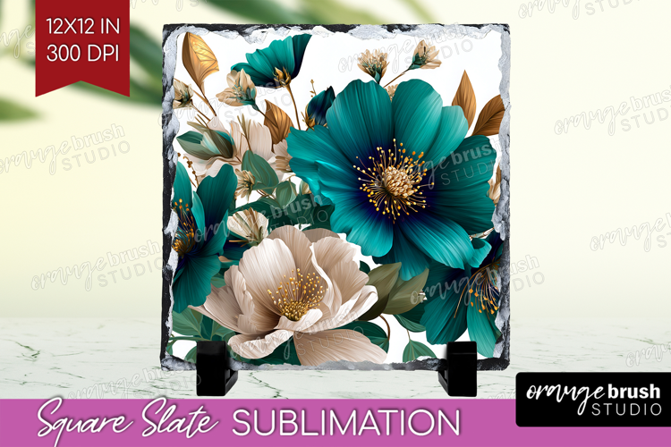 3D Flowers Slate PNG - Summer Square Slate Sublimation