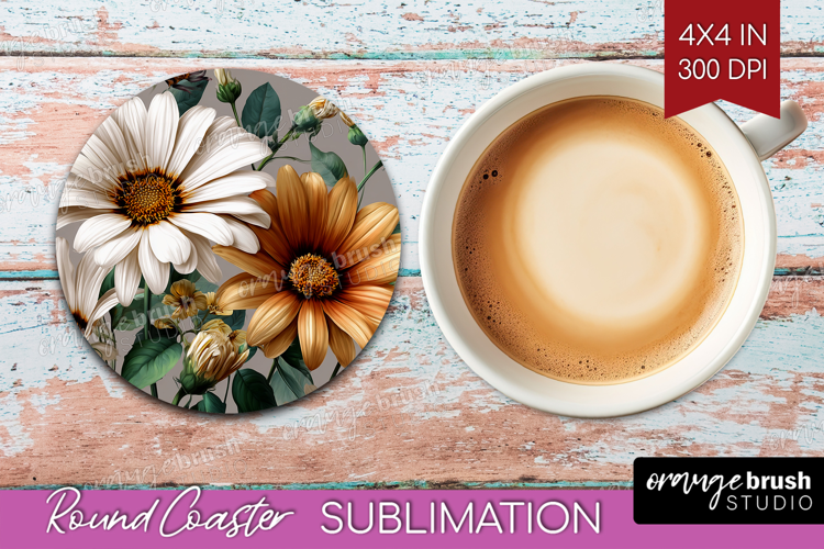3D Flowers Round Coaster - Summer Coaster PNG Sublimation