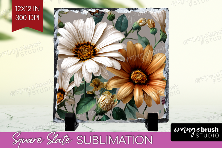 3D Flowers Slate PNG - Summer Square Slate Sublimation