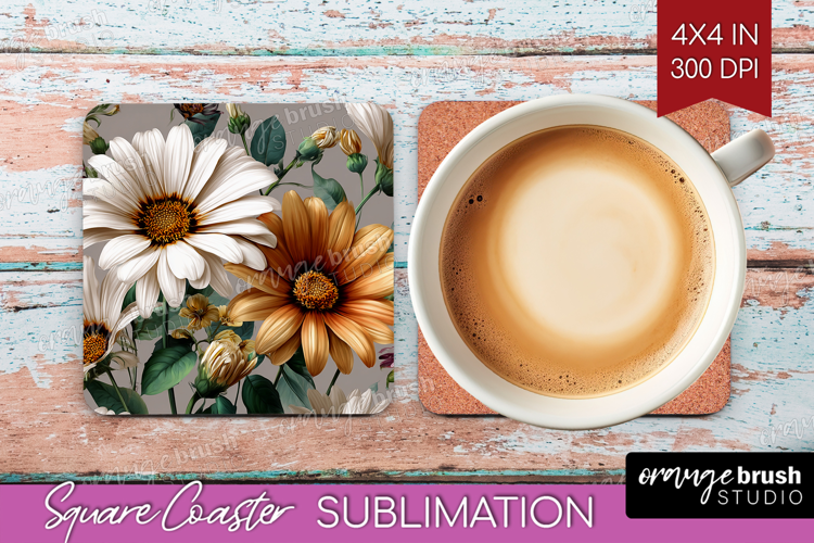 3D Flowers Square Coaster - Summer Coaster PNG Sublimation