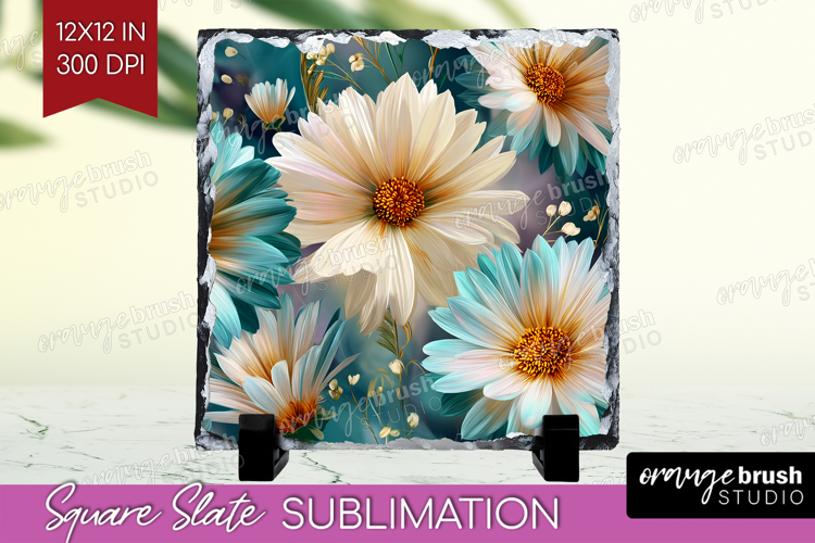 3D Flowers Slate PNG - Summer Square Slate Sublimation