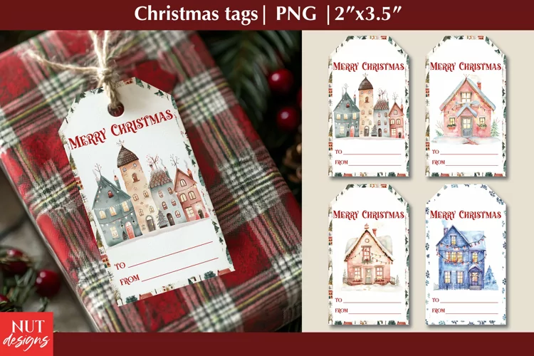 Christmas tags. Printable Gift tags with Christmas houses