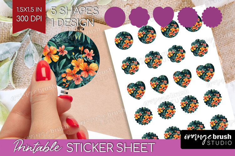 Tropical Flowers Round Sticker - Floral Printable Sticker example image 1