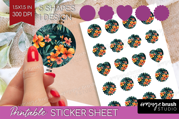 Tropical Flowers Round Sticker - Floral Printable Sticker