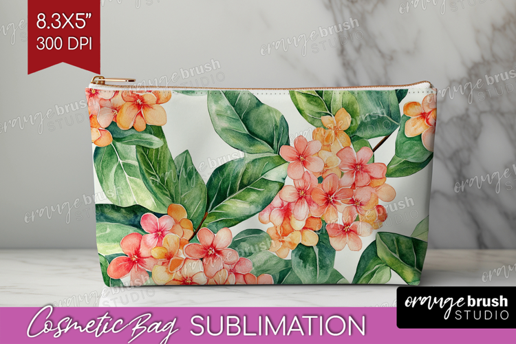 Tropical Flowers Cosmetic Bag - Floral Makeup Bag PNG