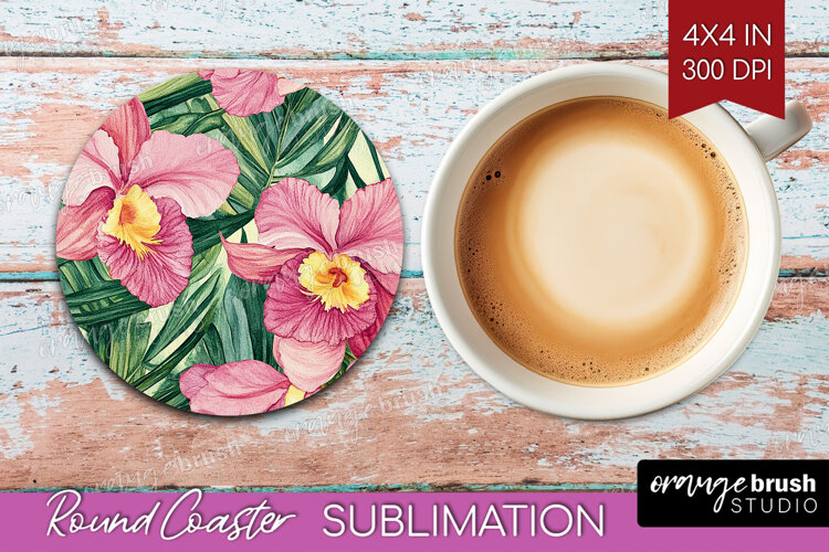 Tropical Flowers Round Coaster - Floral Coaster PNG example image 1