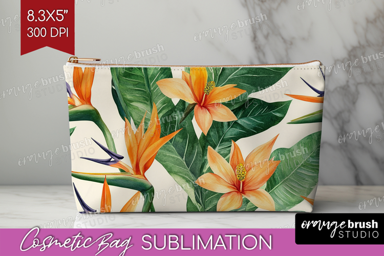 Tropical Flowers Cosmetic Bag - Floral Makeup Bag PNG