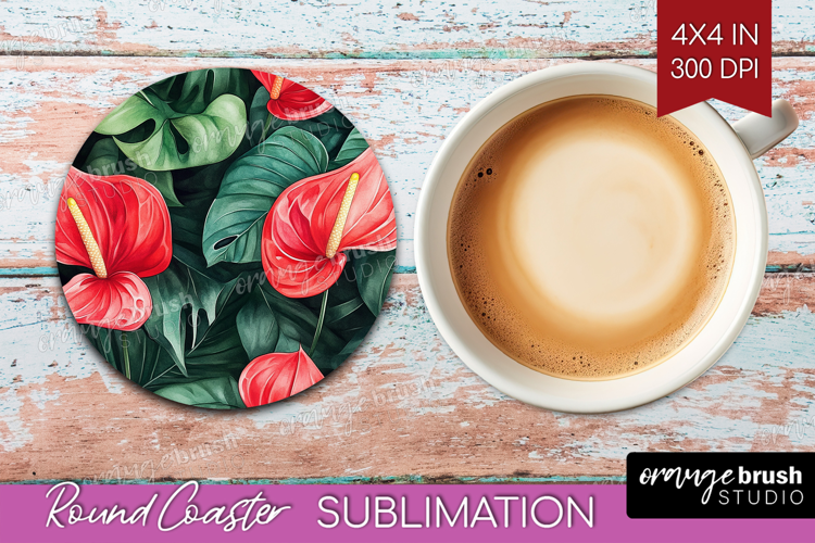 Tropical Flowers Round Coaster - Floral Coaster PNG