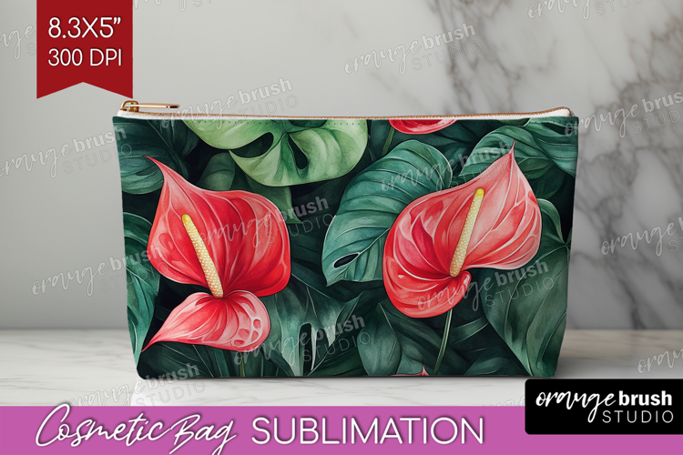 Tropical Flowers Cosmetic Bag - Floral Makeup Bag PNG