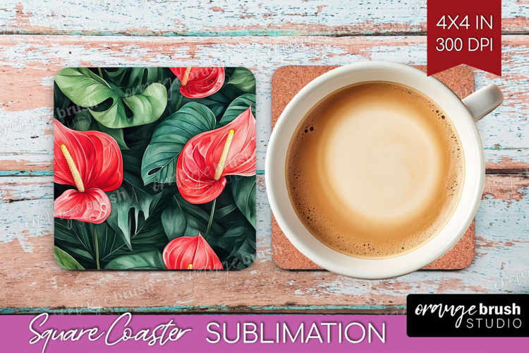 Tropical Flowers Square Coaster - Floral Coaster PNG