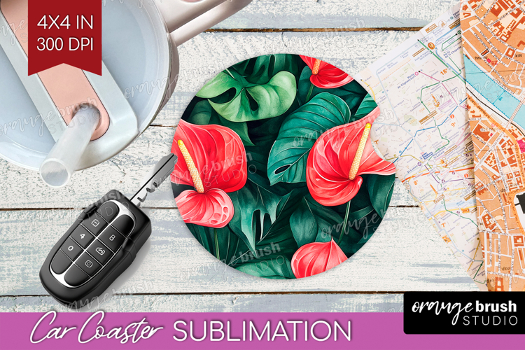 Tropical Flowers Car Coaster - Floral Coaster PNG