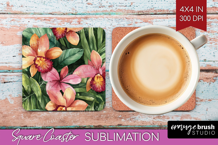 Tropical Flowers Square Coaster - Floral Coaster PNG
