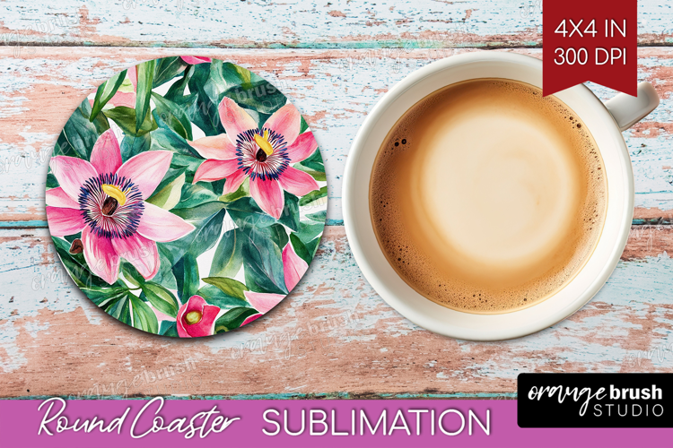 Tropical Flowers Round Coaster - Floral Coaster PNG