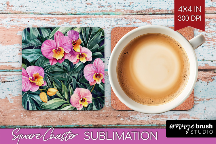 Tropical Flowers Square Coaster - Floral Coaster PNG