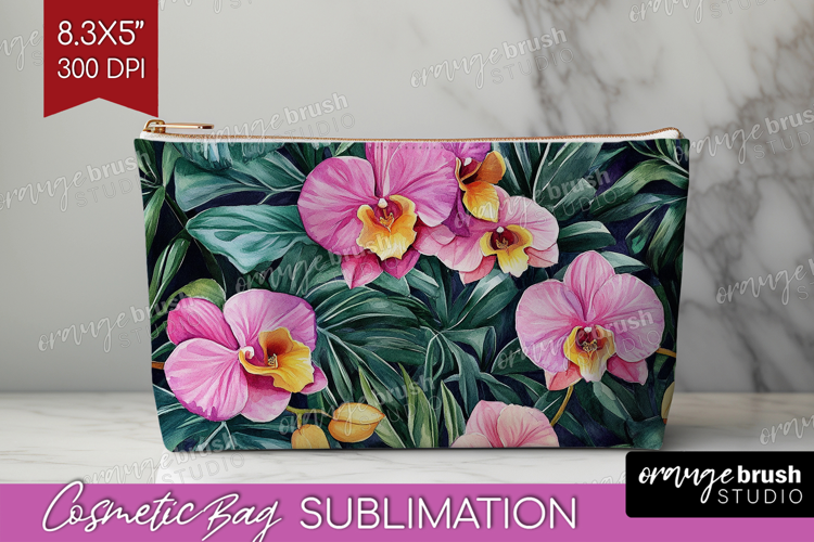 Tropical Flowers Cosmetic Bag - Floral Makeup Bag PNG
