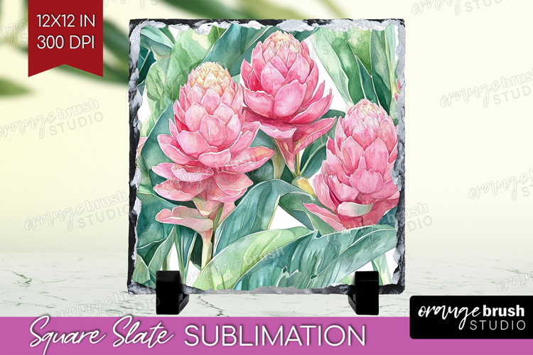 Tropical Flowers Slate PNG - Floral Square Slate Sublimation