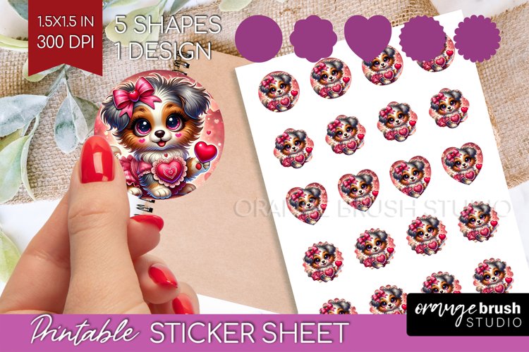 Valentine Dog Round Sticker - Cute Puppy Printable Sticker